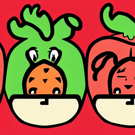 Prompt: a logo picturing three little cantaloupes, with differing emotions, and devil tails and horns, in cartoon style,
