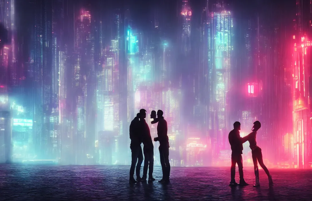 Image similar to men kissing in front of a foggy view of cyberpunk style future city, neon lights, a hyper realistic professional photographic view,very beautiful scenery, very realistic painting effect, hd, hdr, cinematic 4k wallpaper, 8k, ultra detailed, high resolution,