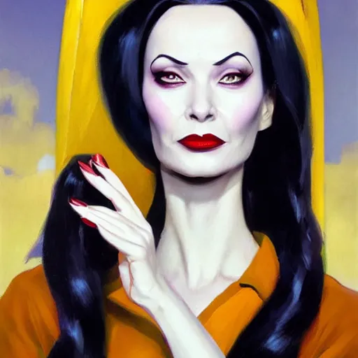 Image similar to greg manchess portrait painting of morticia from addams family as overwatch character, medium shot, asymmetrical, profile picture, organic painting, sunny day, matte painting, bold shapes, hard edges, street art, trending on artstation, by huang guangjian and gil elvgren and greg rutkowski