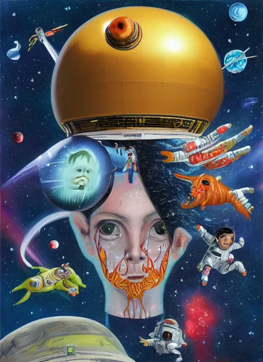 Prompt: first human encounter with aliens in space, by Afarin Sajedi, Alessandro Barbucci, Alex Gross, Shin Jeongho, Shohei Otomo. trending on Artstation, 8k, masterpiece, face enhance, graffiti paint, fine detail, full of color, intricate detail, golden ratio illustration