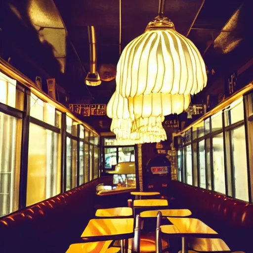 Prompt: inside of a diner with jellyfish lampshades, cozy lighting, late night, photo