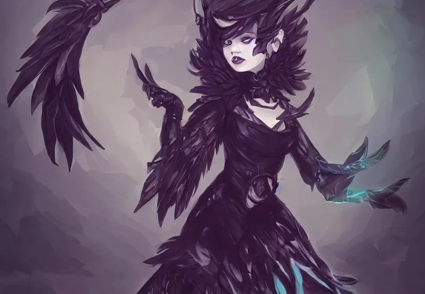 Image similar to little girl with a short black haircut wearing a dress made of black feathers, artwork in league of legends art style, anatomically perfect