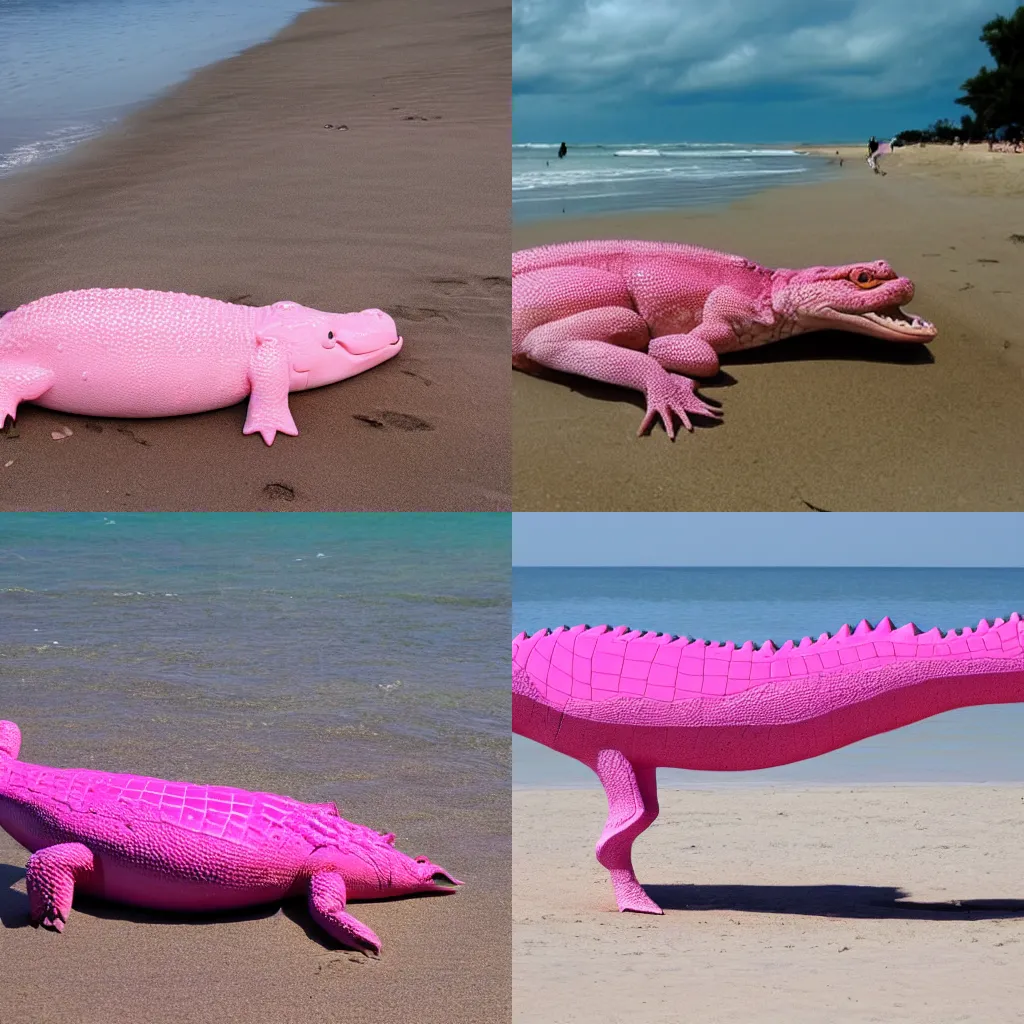 Prompt: A pink crocodile chilling at the beach