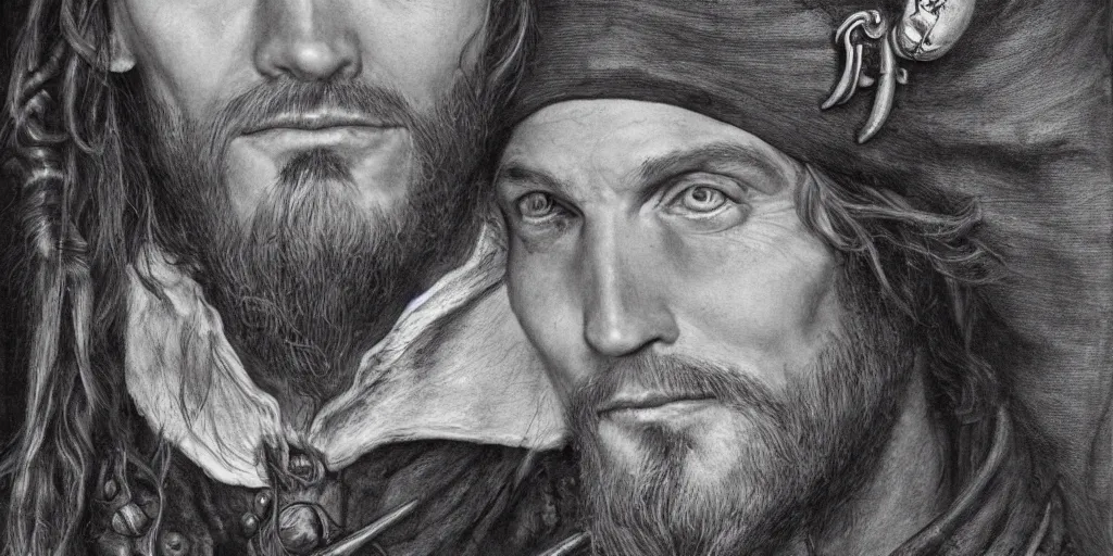 Image similar to realistic portrait of a handsome pirate, 1450, ink, ultra realistic, 8k