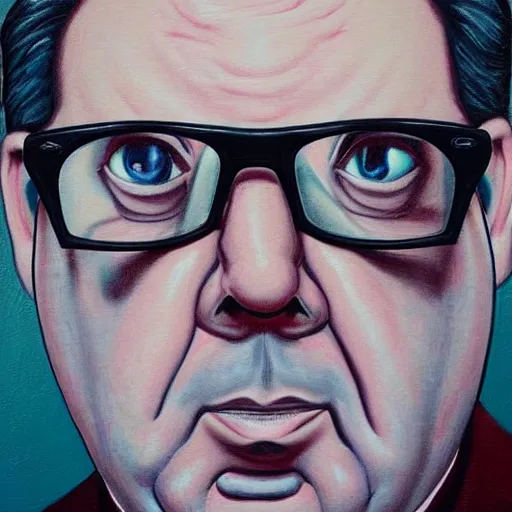Prompt: a portrait of denis coderre with cell phone driving car, round glasses, art by james jean, ludicrous,