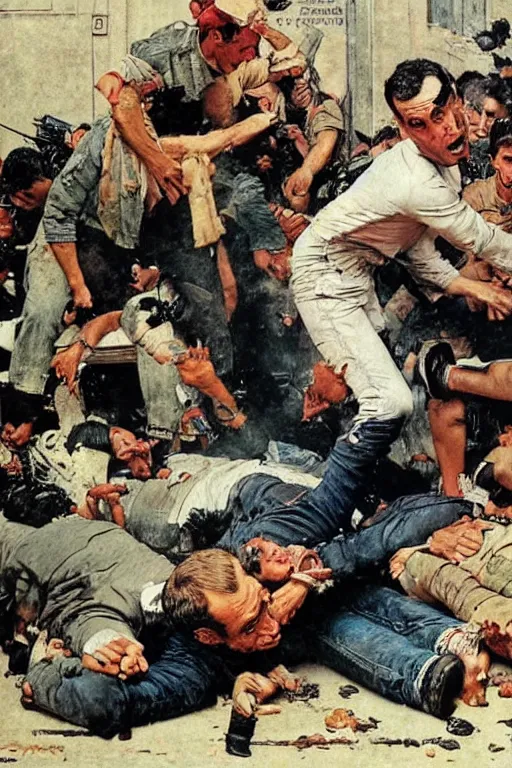 Image similar to Emmanuel Macron beating up rioters on the ground by Norman Rockwell