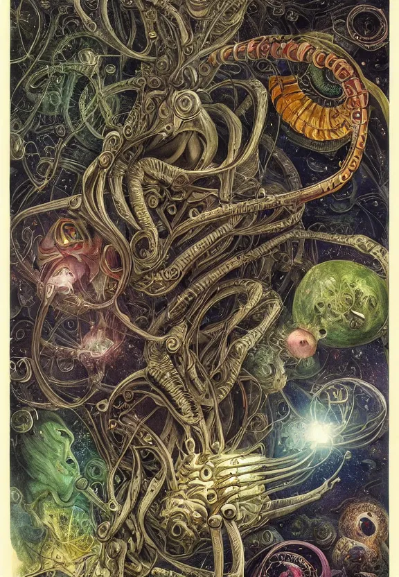 Prompt: simplicity, elegant, colorful muscular sci - fi eldritch, flowers, astronauts, radiating, mandala, psychedelic, outer space, shadows, by h. r. giger and esao andrews and maria sibylla merian eugene delacroix, gustave dore, thomas moran, pop art, giger's biomechanical xenomorph, art nouveau