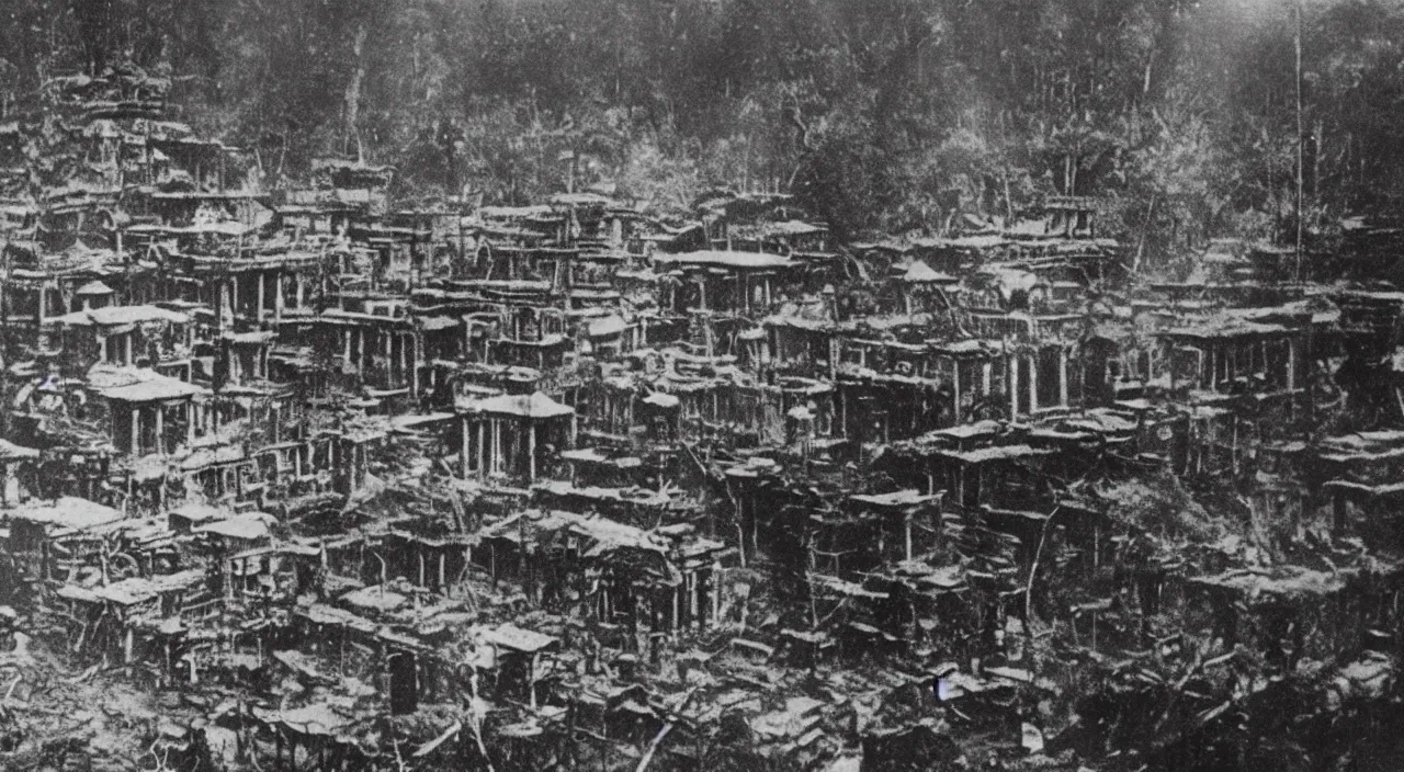 Image similar to a 1900s grainy photo of a lost city found in amazonia's forest