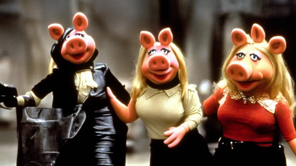 Image similar to movie still of miss piggy starring as trinity in the matrix 1 9 9 9 movie fighting agent smith