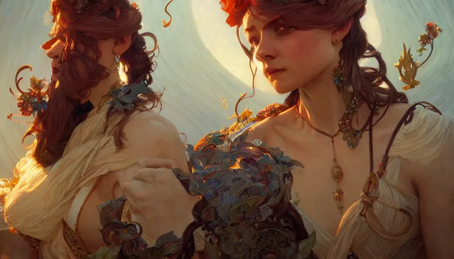 Image similar to carnivale, perfectly-centered-Portrait, action pose, intricate, highly detailed, digital painting, artstation, concept art, smooth, sharp focus, illustration, Unreal Engine 5, 8K, art by artgerm and greg rutkowski and alphonse mucha