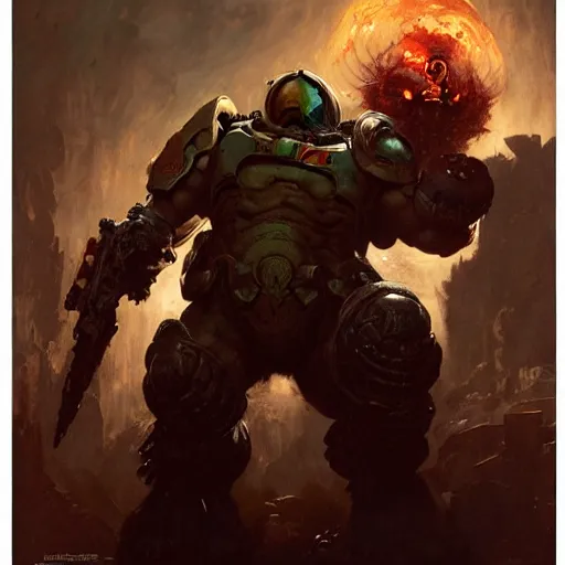 Image similar to Danny DeVito Doom Slayer, knee deep in the dead, by gaston bussiere, craig mullins, Simon Bisley