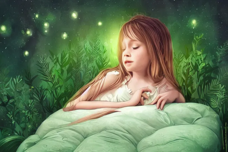 Prompt: a beautiful illustration of a little cute girl on her bed dreaming about a beautiful green forest, detailed face, beautiful colors, digital art