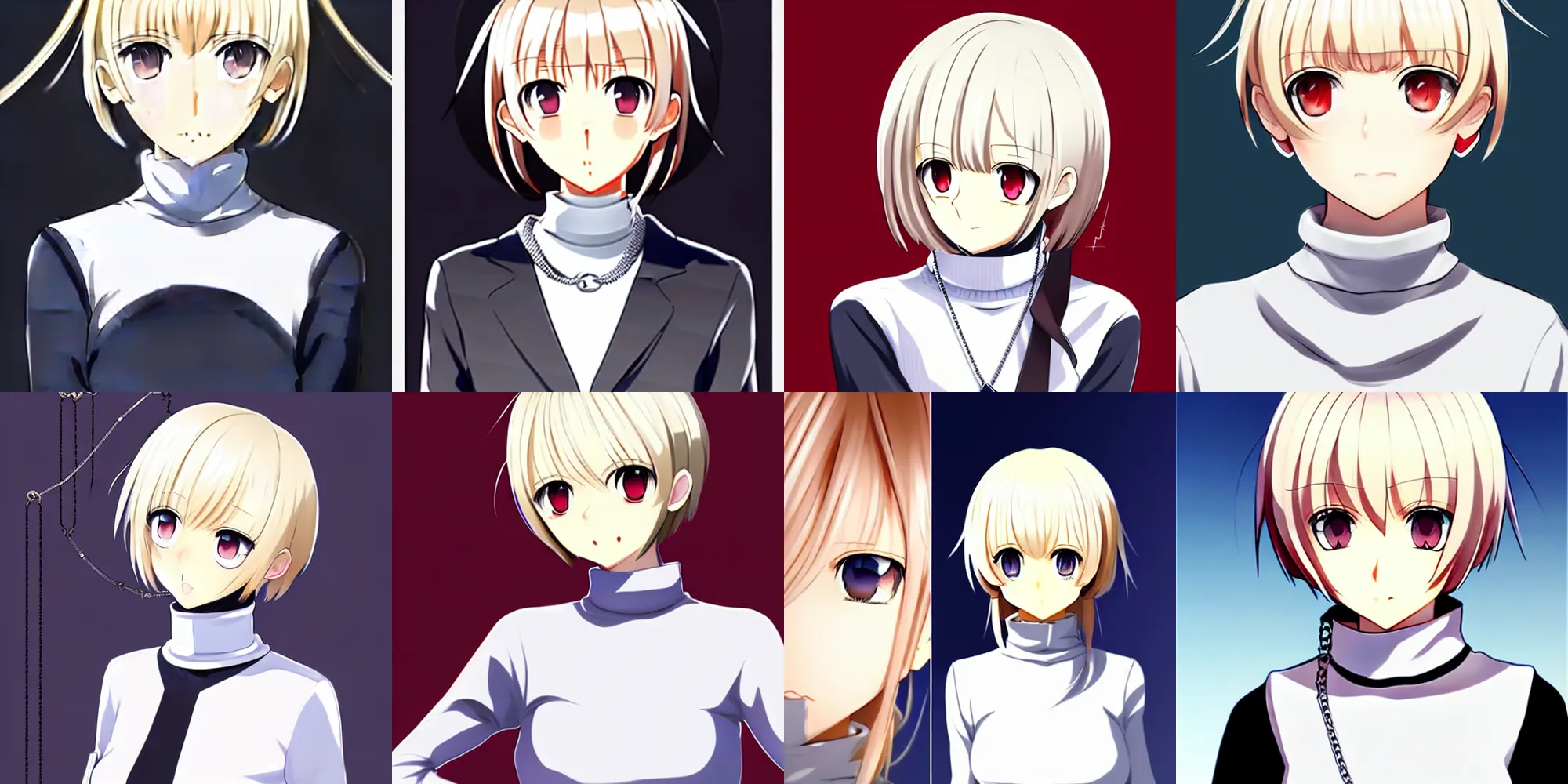 Prompt: beautiful girl with red eyes, short blonde hair, ahoge hair, wearing a white turtleneck sweater and a detailed chain-link necklace, arcueid, in the style of type-moon studios, extremely clean lines, anime and manga style