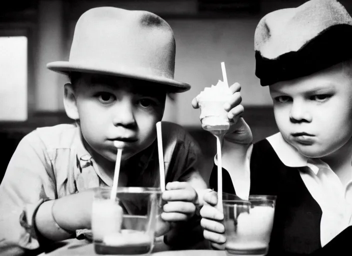 Prompt: a 35mm photograph from the 1930's of two mean looking gangsters sharing a milkshake with two straws, bokeh, Canon 50mm, cinematic lighting, photography, retro, film, Kodachrome, closeup