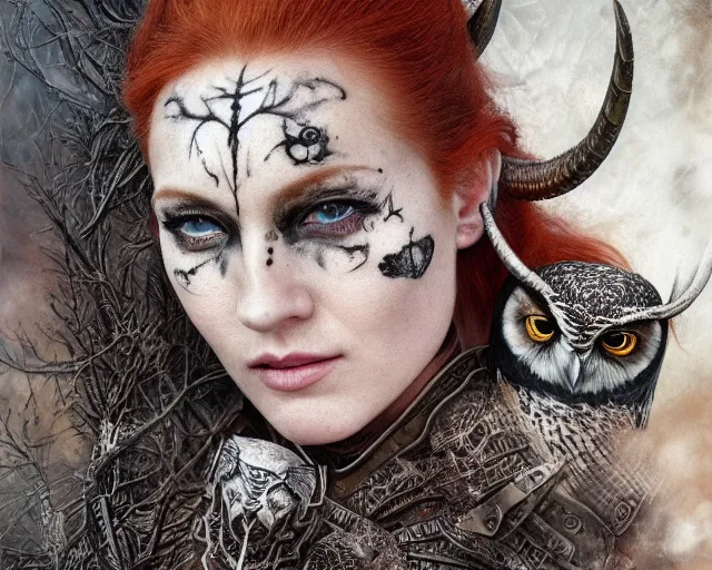 Image similar to 5 5 mm portrait photo of an armored gorgeous anesthetic redhead woman warrior with a face tattoo and horns growing from her head, and owl sitting on her shoulder in a magical forest in the style of stefan kostic, art by luis royo. highly detailed 8 k. intricate. lifelike. soft light. nikon d 8 5 0. cinematic post - processing