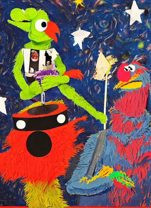 Image similar to expressionistic decollage painting, trash can tarot card fool with sesame street elmo and kermit muppet knight on a horse in a dark red cloudy night sky with golden foil jewish stars, mountain lake and blossoming field in background painted by adrian ghenie, francis bacon, daniel richter and hilma af klint, ultra naive, children painting, 8k, extreme detail, masterpiece