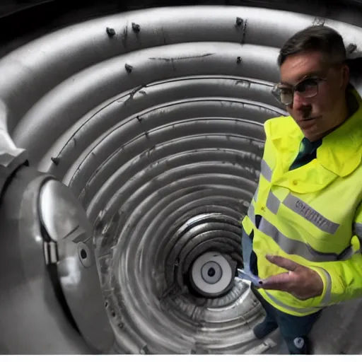 Prompt: a man taking a selfie inside of a nuclear reactor water waste system, super realistic, highly detailed :