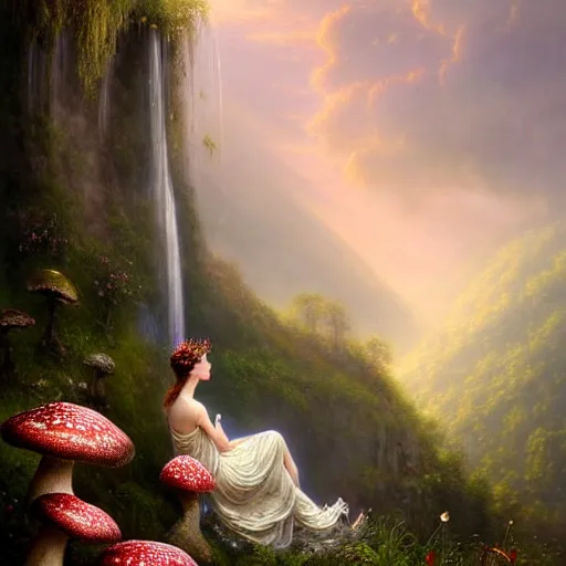 Prompt: highly detailed, an elegant fairy in a white lace dress sitting a in a enchanted scenery landscape, vast lush valley flowers and mushroom, waterfall, stream, sunrise, vivid color, soft clouds, cinematic lighting, perfect composition, 8 k, gustave dore, derek zabrocki, greg rutkowski, belsinski,