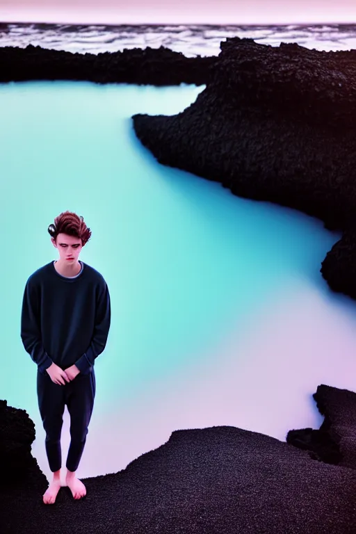 Image similar to high quality pastel coloured film mid angle docu photograph of a beautiful young 2 0 year old male, soft features, short black hair, oversized clothing, next to icelandic black rock pool environment. atmospheric. three point light. photographic. art directed. ( pastel colours ). volumetric light. clearcoat. waves glitch. 8 k. filmic.