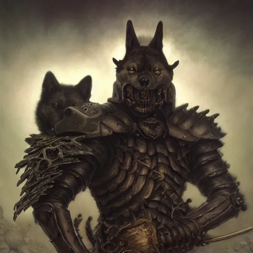 Image similar to berserk skullknight black armor, anthropomorphic shiba inu, shiba inu face, stuning 3 d render, masterpiece, glowing black aura, foggy dark graveyard, by donato giancola and greg rutkowski and wayne barlow and zdzisław beksinski, realistic face