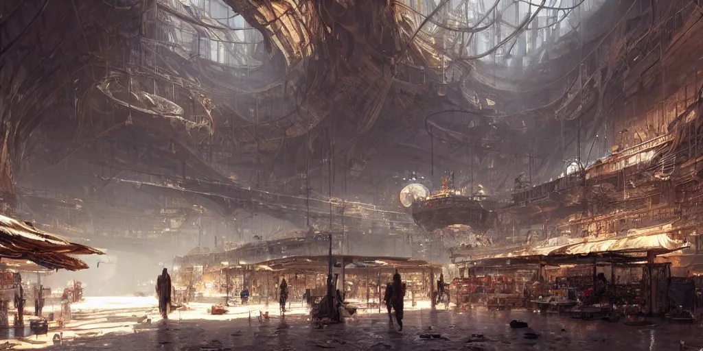 Prompt: screenshot of a marketplace in a massive cavernous iron city, dappled light, colossal arcing metal structures high in the cavernous metal interior, beautiful, awe inspiring, fps, by james gurney, greg rutkowski, sparth, cinematography, cinematic masterpiece