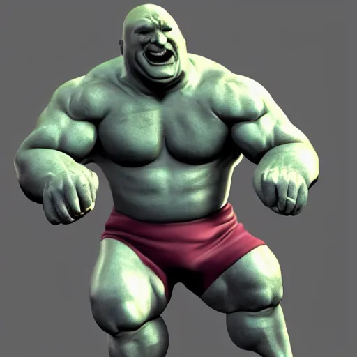 Prompt: extremely muscular bald man, small legs, exaggerated arms, 3 d model, gladiator, small head, giant chin, cell shaded, cartoon shading, gorn, vr game, video game