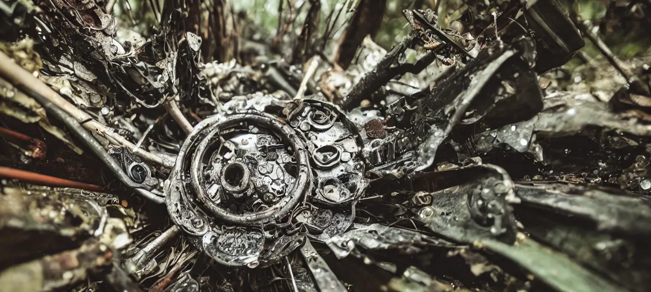 Image similar to closeup of a flower made up of automobile parts in a forest with rain