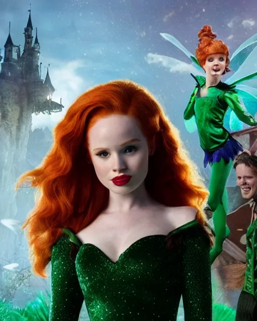 Prompt: Madelaine Petsch as Peter Pan and Will Ferrel dressed as Tinkerbell, cinematic, Trending on Artstation, in the style of Ridley Scott, Neverland, Magical, Ethereal