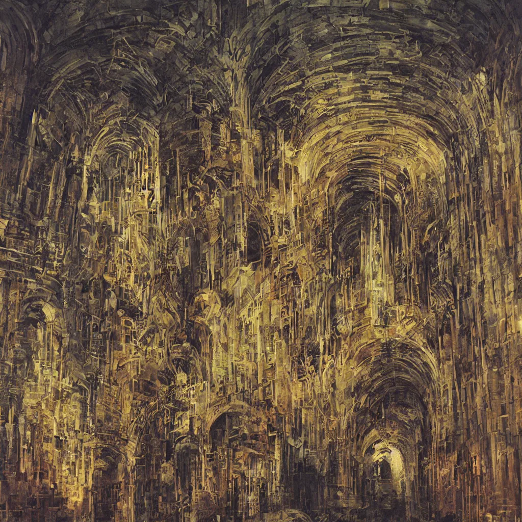 Image similar to underground cathedral, oil painting by katsuhiro otomo