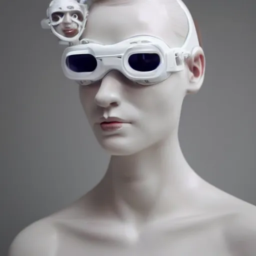 Image similar to full head and shoulders, beautiful female porcelain sculpture with lots of white 3 d cyborg elements, white prosthetics, 3 d goggles, smooth, all white features on a white background, delicate facial features, white eyes, white lashes, detailed white liquid, anatomical by daniel arsham and james jean