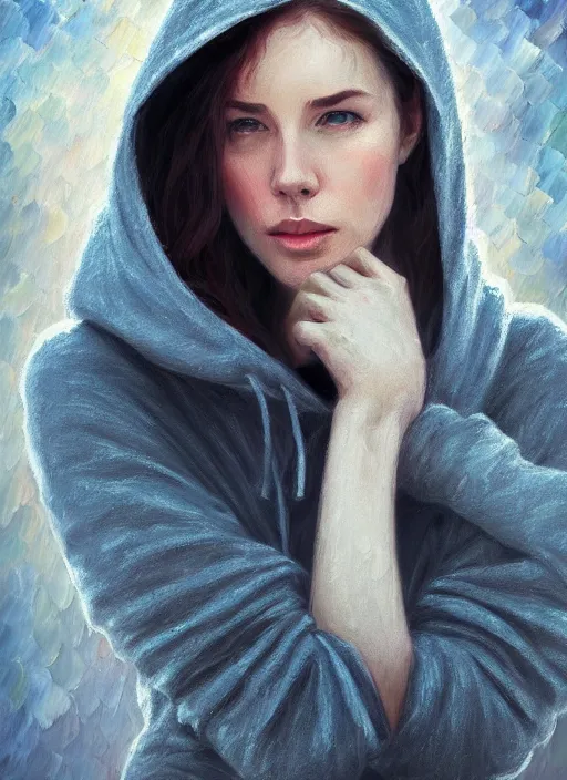 Image similar to catriona balfe, gray hoodie, jeans, beautiful hair, half body shot, path traced, highly detailed, high quality, digital painting, alena aenami, leonid afremov, lilia alvarado, shinji aramaki, karol bak, alphonse mucha, tom bagshaw