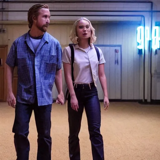 Prompt: still of ryan gosling and margot robbie, in stranger things