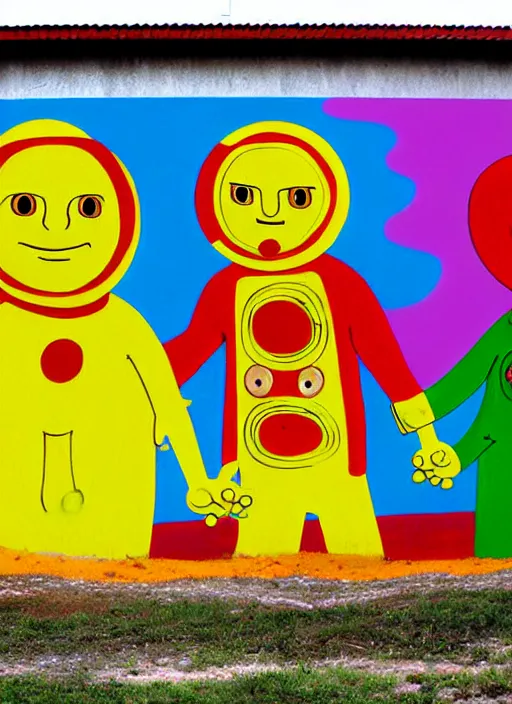 Image similar to graffiti, splash painting, happy family, by os gemeos