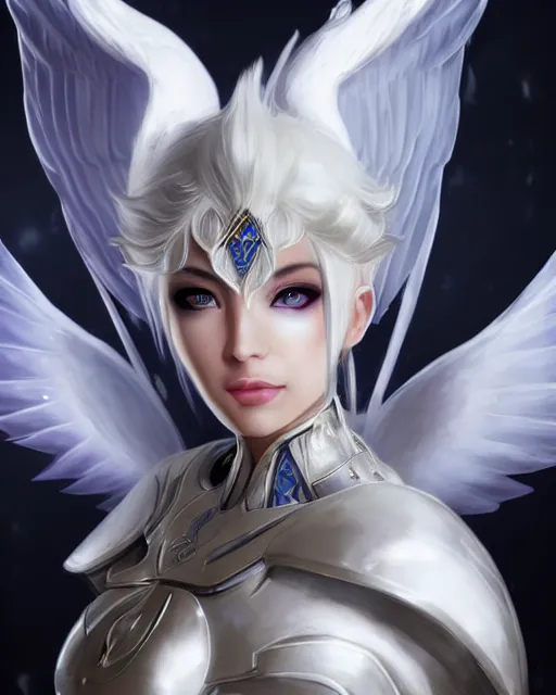 Image similar to perfect white haired attractive egyptian goddess with huge white dove wings, warframe armor, beautiful, symmetric, dreamy, half asian, pretty face, blue eyes, detailed, scifi platform, laboratory, experiment, 4 k, ultra realistic, epic lighting, android body, illuminated, cinematic, masterpiece, art by akihito tsukushi, voidstar