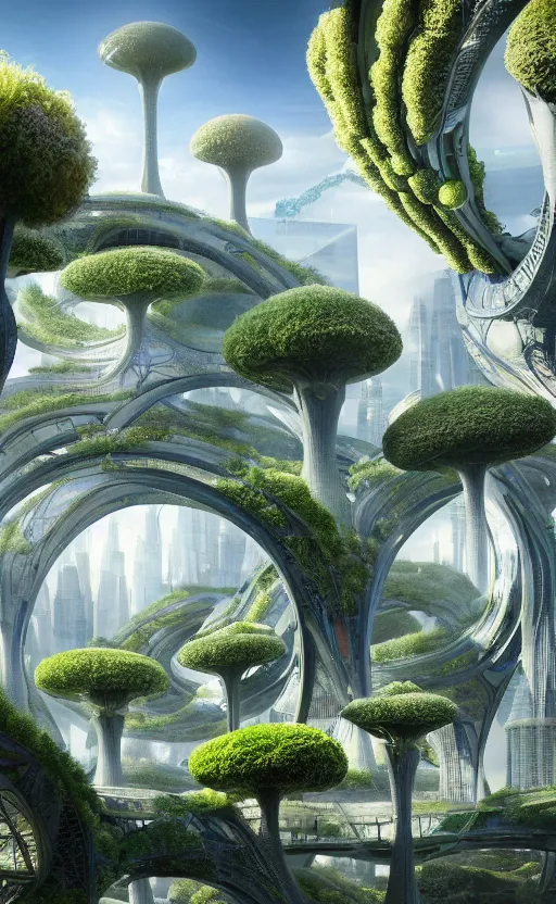 Prompt: beautiful scifi futuristic biophilic city architectural landscape colorful, arches, cellular bridges, stone columns, rhizomorph finials spires, brackets, fractal puffballs, vincent callebaut, iris van herpin, elegant lace haute couture broad embroidered cone trees, porcelain magnolia fluid nebula, soldier lichen, soft light, unreal engine, 8 k