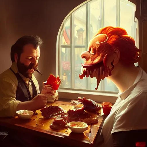 Image similar to louie ck eating big macs, dripping BBQ Sauce, serving happy meals, D&D, spilling ketchup, fantasy, intricate, elegant, highly detailed, digital painting, artstation, concept art, matte, sharp focus, illustration, hearthstone, art by Artgerm and Greg Rutkowski and Alphonse Mucha