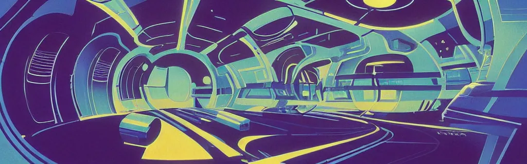 Prompt: 7 0 s sci - fi space station interior, retrofuturism, gouache, trees, animated film, stylised, illustration, by eyvind earle, scott wills, genndy tartakovski