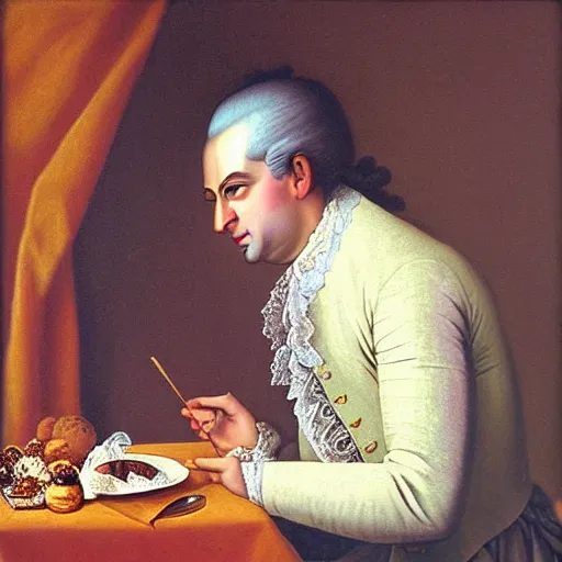 Prompt: “ wolfgang amadeus mozart eating a chocolate ball. he's wearing a powder wig and an expensive looking coat. he looks like he's savouring the taste of the chocolate. the background is out of focus, coloured deep velvet, photorealistic oil painting ”