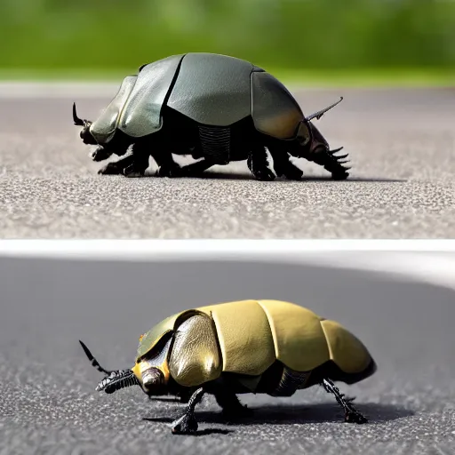 Prompt: A rhino beetle this size of a tank grapples a real life passenger airplane on the tarmac.