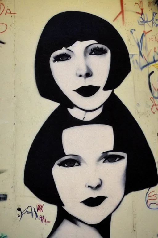 Prompt: graffiti of 2 2 yeard old mary louise brooks, graffiti by zephyr