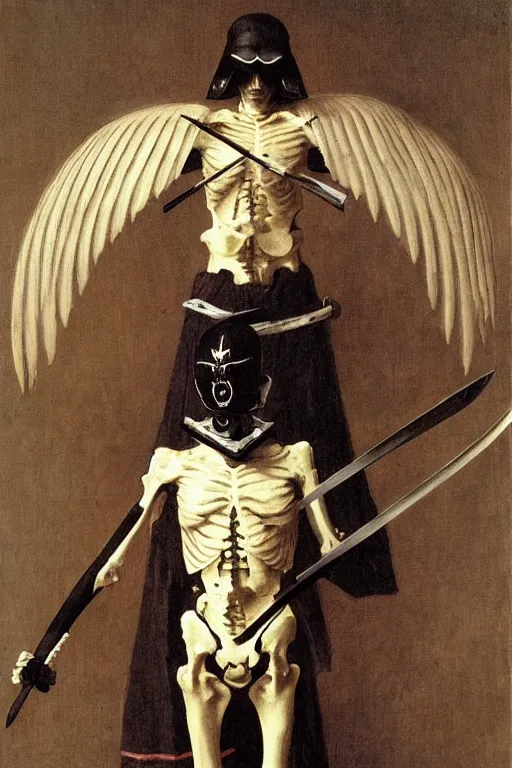 Prompt: portrait of a skeleton archer wearing samurai helmets and armor with wings, with big sword, symmetrical, solemn, sacred, aura, by bouguereau