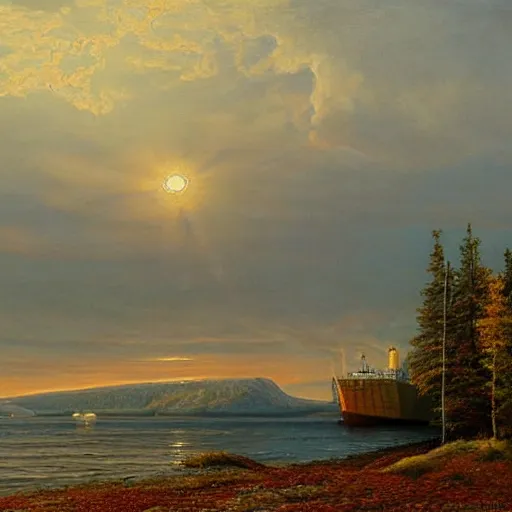 Prompt: Lake Superior in Autumn, Freighter ship in distance, landscape, beautiful artwork by ivan shishkin