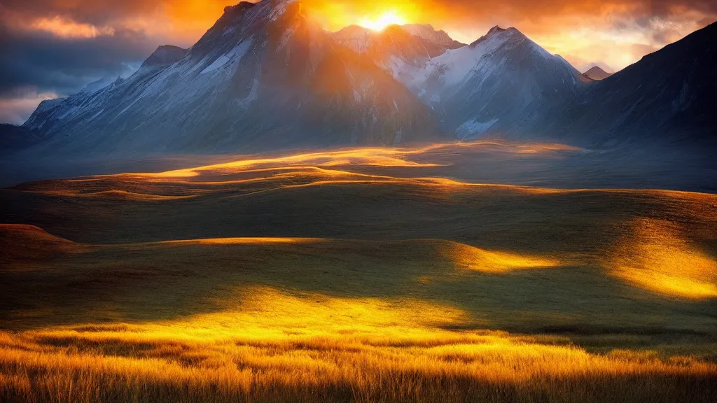 Prompt: amazing landscape photo of golden grasslands by marc adamus, beautiful dramatic lighting