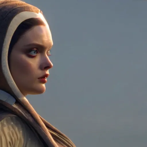 Image similar to bella heathcote as padme amidala on naboo golden hour cinematic