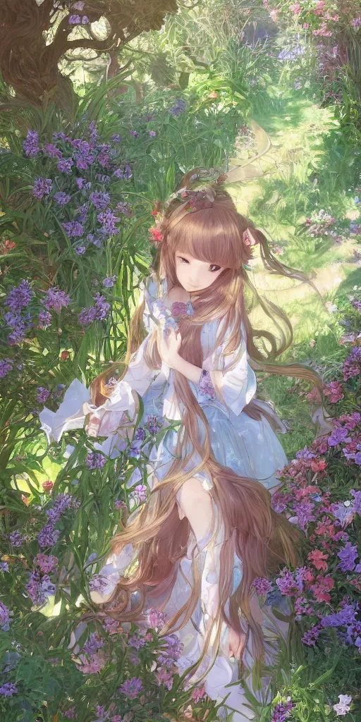 Image similar to a digital art of a loli with long hair in a dress in the privet garden at after noon, green and warm theme, mediumslateblue flowers, low angle, back lighting, by krenz cushart and mucha and akihito yoshida and greg rutkowski, highly detailed, 4 k resolution, trending on art station