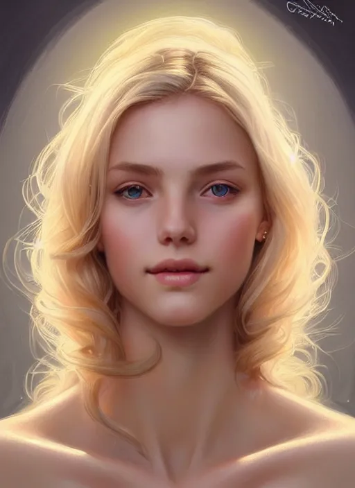 Image similar to beautiful feminine face! portrait of young woman blessed by god with ever - increasing physical mental perfection, blonde, symmetrical! intricate, elegant features, highly detailed, holy perfection!! smile, digital painting, artstation, concept art, smooth, sharp focus, illustration, art by artgerm and greg rutkowski and alphonse mucha