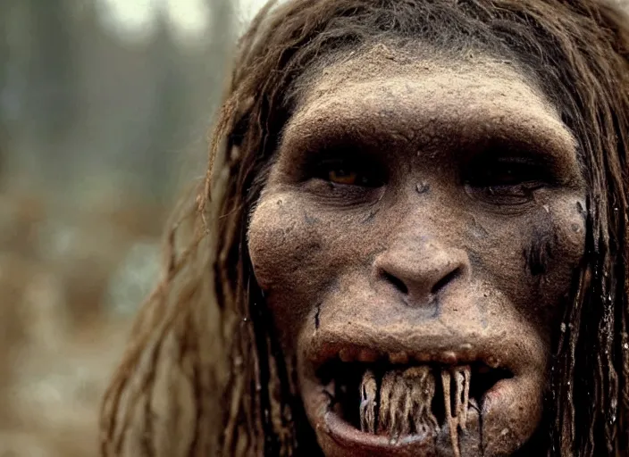 Prompt: attractive neanderthal woman covered in mud, movie still, from the movie quest for fire, 8 k, realistic