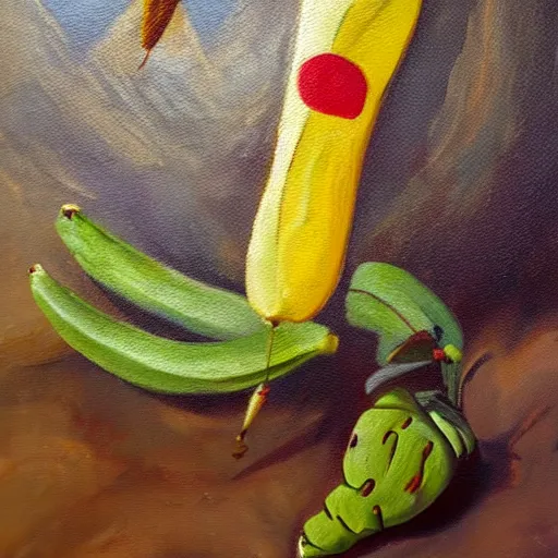 Image similar to oil painting impressionist stopwatch and banana in the shape of an arrow flying through the air, ( bugs buzzing around ), whimsical, detailed,