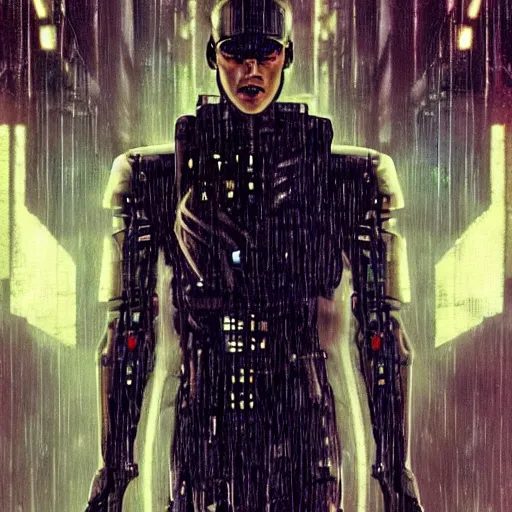 Image similar to a menacing cyborg, in the style of bladerunner movie.