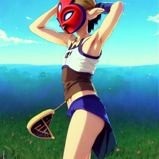 Image similar to beautiful boyish natalie portman gravure model in majora's mask, wearing wooden mask and baseball cap and leotard, street wear with subtle mayan patterns, aztec bathing suit, gapmoe yandere grimdark, trending on pixiv fanbox, painted by greg rutkowski makoto shinkai takashi takeuchi studio ghibli, akihiko yoshida